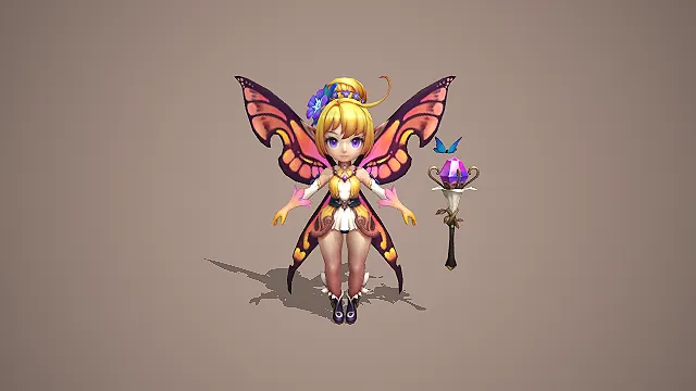 卡通 Q 版粉橙蝶翼精灵少女带紫晶法杖 3D 游戏角色模型
