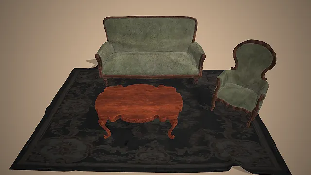 沙发  单人扶手椅  场景道具  木质茶几