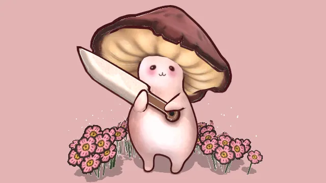 卡通风格化手绘可爱蘑菇骑士拟人剑武器花丛场景