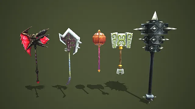 五款奇幻风格战斧战锤武器道具组合模型