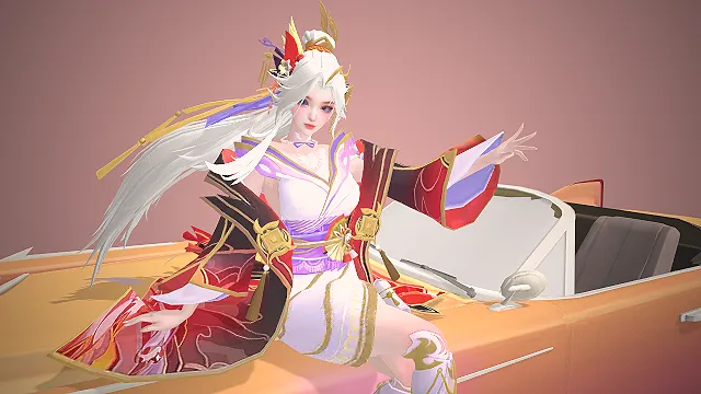 古风女性角色  白发狐系  鎏金汉服  飘逸长发