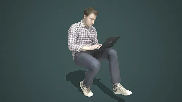 都市男性休闲格纹装扮坐姿使用笔记本姿态 3D 角色模型