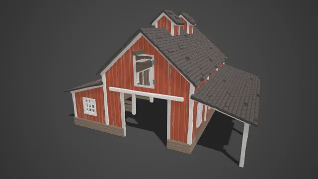 低多边形  乡村谷仓建筑  木质纹理  深灰色瓦片  阁楼窗  开放式门廊  遮檐  简约卡通  