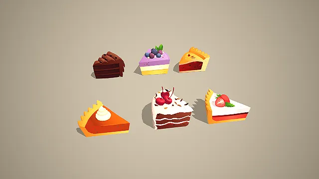 低多边形风格六款甜点蛋糕切片 3D 模型 美食场景素材合集