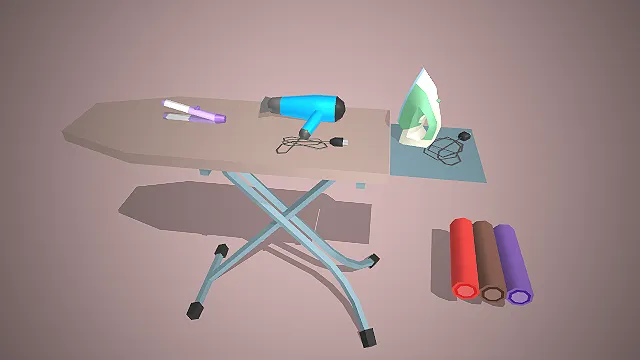 一个低多边形卡通风格的3D衣物护理场景模型