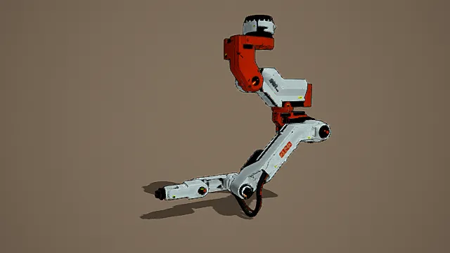 写实风格机械臂3D模型，工业设计（机械结构、红白色彩、品牌标识、工业质感 ）