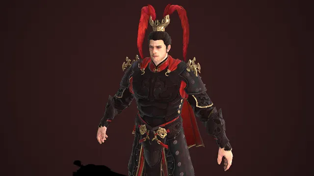 中式古风  将领  玄黑战甲  金色云纹  兽形纹饰  精致华丽  赤红长缨  飒爽英姿