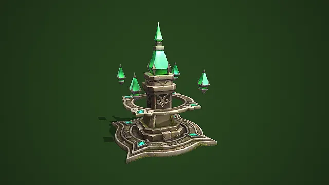 悬浮绿晶装饰的石质魔法塔游戏场景道具模型