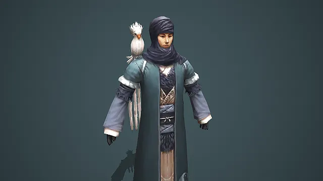 肩立白鸟的青袍太极纹神秘方士游戏 3D 模型