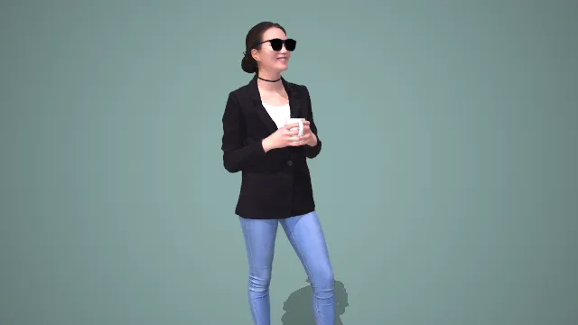 轻熟风黑西装搭浅牛女持杯休闲形象 3D 模型