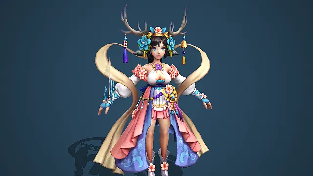 卡通 Q 版古风鹿耳蓝花女仙带飘带法杖 3D 游戏角色模型