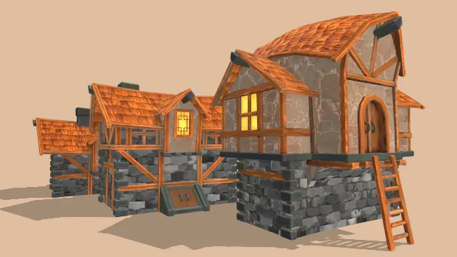 卡通风格化住房屋套装建筑石头木头建造场景