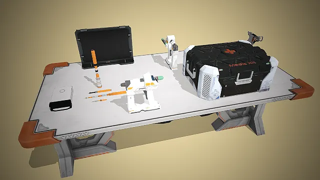 一张未来场景科幻风格的医疗工作台模型