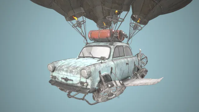 飞行的汽车被热气球带动最终起飞