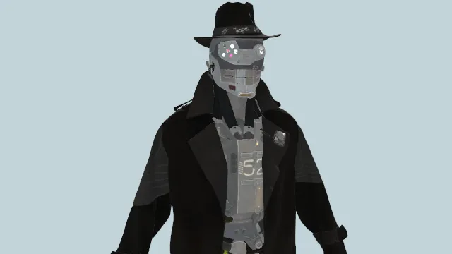 带牛仔帽穿风衣的科技机器人