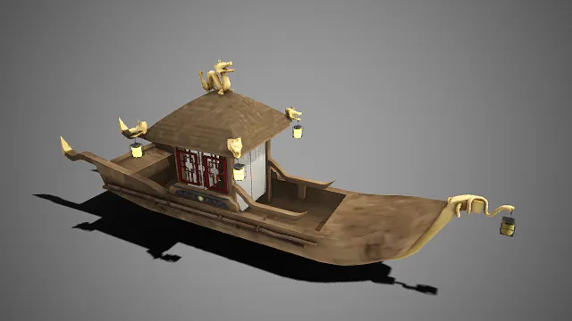 中式仿古画舫  红纹木窗  龙形雕塑  古典灯笼  水上船屋  色调古朴温润