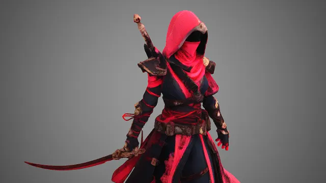 刺客风格  武士角色模型  红黑撞色  蒙头掩面  金属配件  长刀  