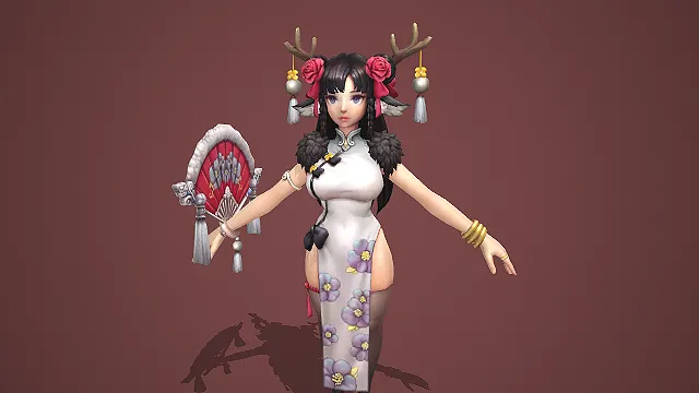 卡通 Q 版古风鹿耳玫瑰旗袍女带法杖 3D 游戏角色模型