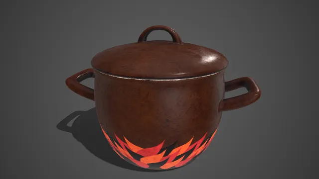 炖锅  棕褐色  陶瓷质感  双柄提手锅盖  火焰纹图案  烹饪容器  家庭厨房
