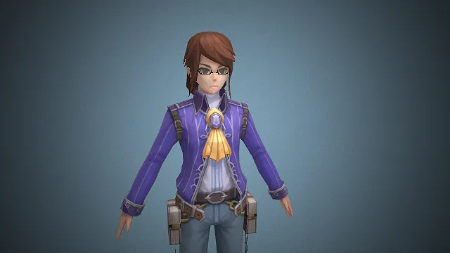 一个棕色头发戴眼镜的学者少年3D模型，身着学者风格服饰