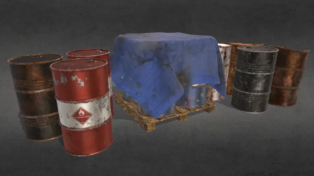 金属圆桶工业铁桶木头托架支撑破旧布罩