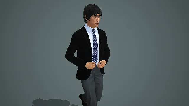穿西装系条纹领带快步整理衣扣的男性写实模型