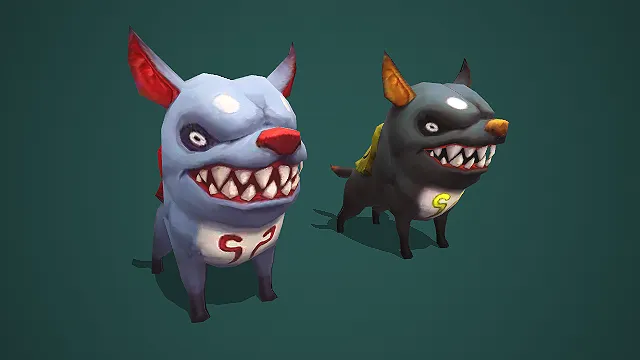 卡通 Q 版双色尖牙恶犬小怪 3D 游戏角色模型