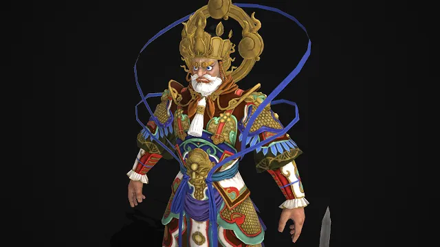  3D 角色模型  西方广目天王  佛教护世  四天王之一  白须威严  法器佩剑  传统宗教符号  