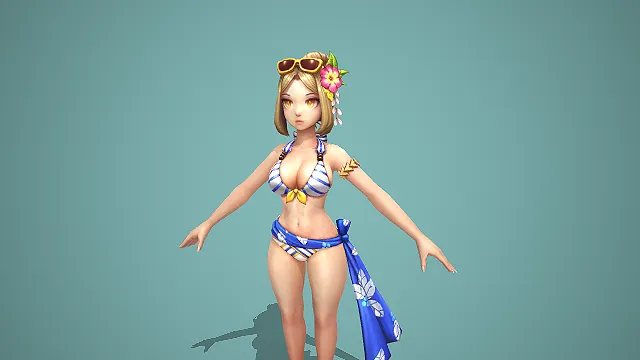 卡通 Q 版金发夏日泳装少女带花饰墨镜 3D 游戏角色模型