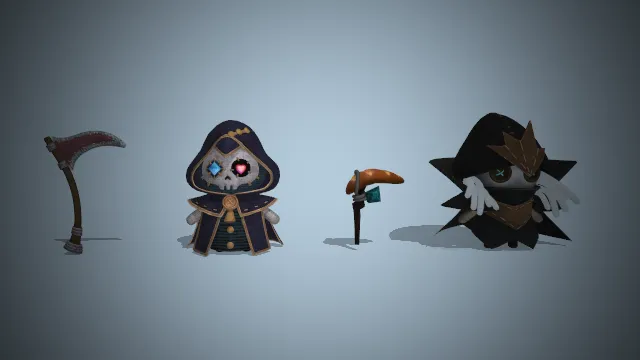 布艺玩偶  骷髅法师  不对称宝石眼  镰刀道具  奇幻风格