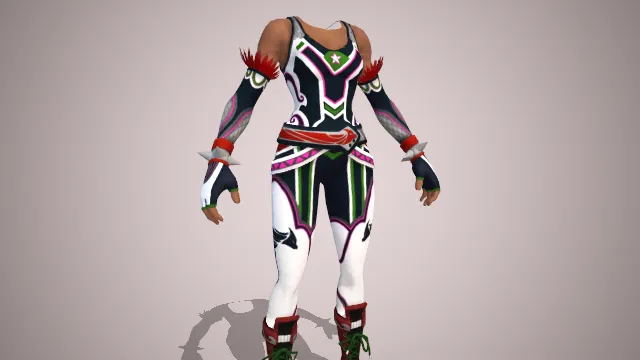 服饰由紫色绿色白色拼接，大量白色为主