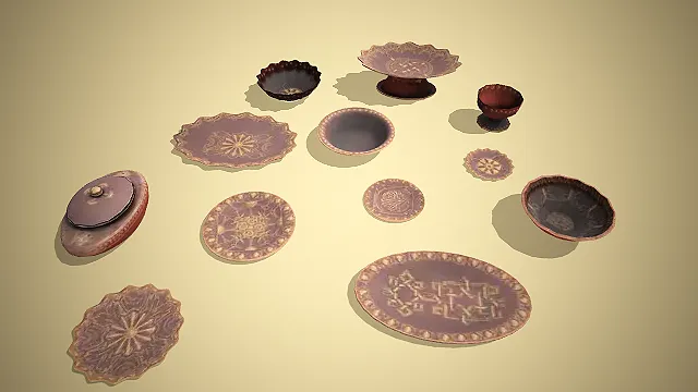 一组紫铜鎏金质感的写实风格金属器皿的模型