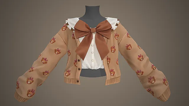 软萌小熊印花短款开衫套装模型