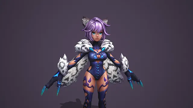 卡通 Q 版紫发兽耳狼族女战士 3D 游戏角色模型