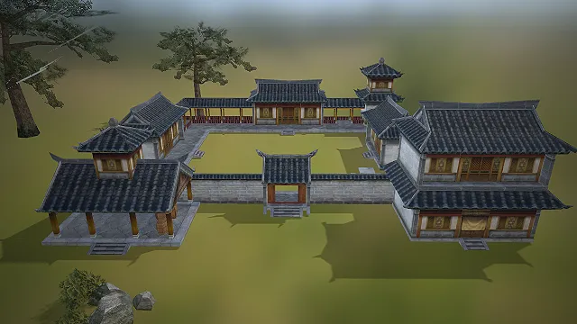 一个古风风格的3D多进式四合院模型，充满传统中式民居的雅致古韵