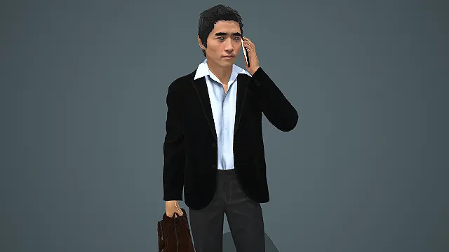 穿西装拎公文包打电话的商务男性写实站立模型