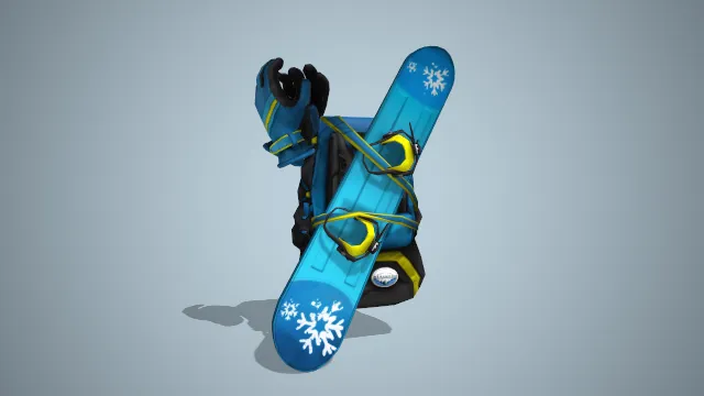 装有滑雪板，滑雪装备的背包，整体为蓝色调卡通风格