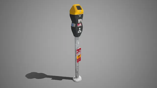 街道停车计时器  黄黑配色  锈蚀的金属立杆  城市街道设施  交通标识  公共交通设施