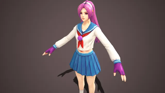 校园风饰：粉紫发水手服  女性游戏角色模型  高马尾  元气百褶裙  校园题材  青春冒险  清新感