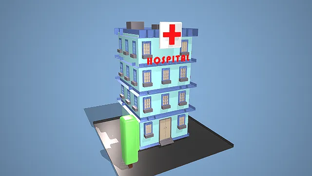 卡通风格多层医院建筑 3D 低多边形城市场景装饰模型