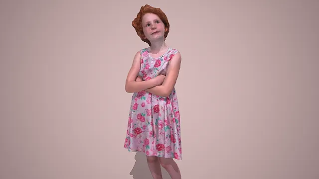 粉花无袖裙红发小女孩抱臂站姿 3D 模型