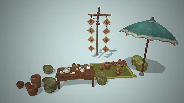 茉莉花茶摊  写实风市集  陶瓷茶具  中式传统文化