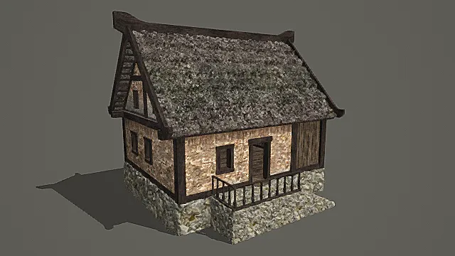 复古石基草顶木屋3D模型