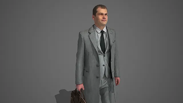 灰纹长款西装男性持公文包商务行走动态 3D 模型