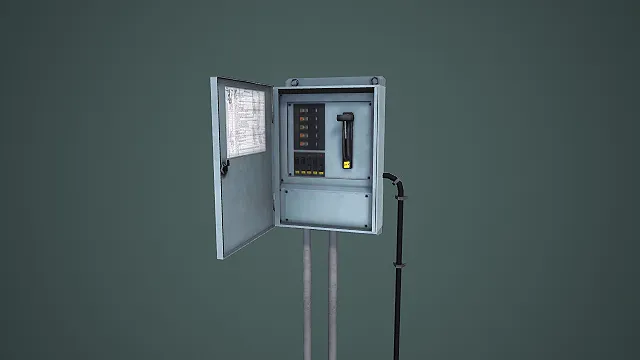 户外立柱式开启款工业电控箱 3D 模型 带开关面板场景道具