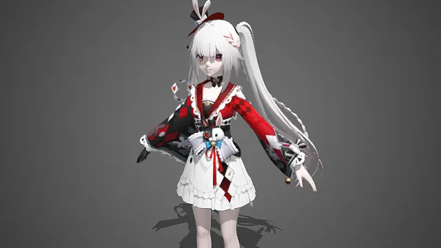 二次元风格  少女角色  马尾  兔耳装饰帽  和风洋装  扑克  洛丽塔  动漫