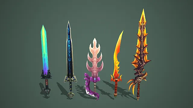 五款奇幻风格魔法火焰长剑武器道具模型