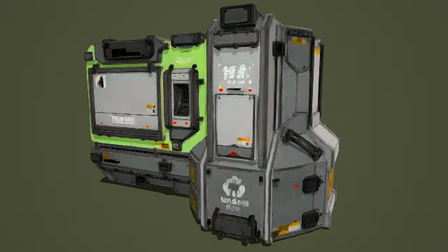 3D卡通风格绿灰系科幻机械装置模型，创意设计（3D装置、卡通风格、科幻风，装置设计主题）