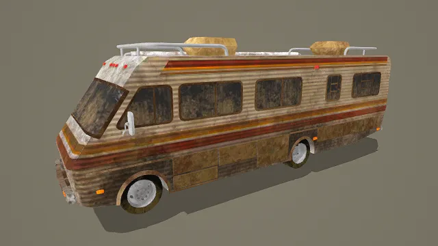   3D卡通风格棕红白色系复古房车模型，创意设计（3D房车、卡通风格、复古怀旧风，车辆设计主题）