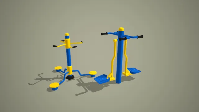 蓝黄配色扭腰器与踏步机组合户外健身器材 3D 模型